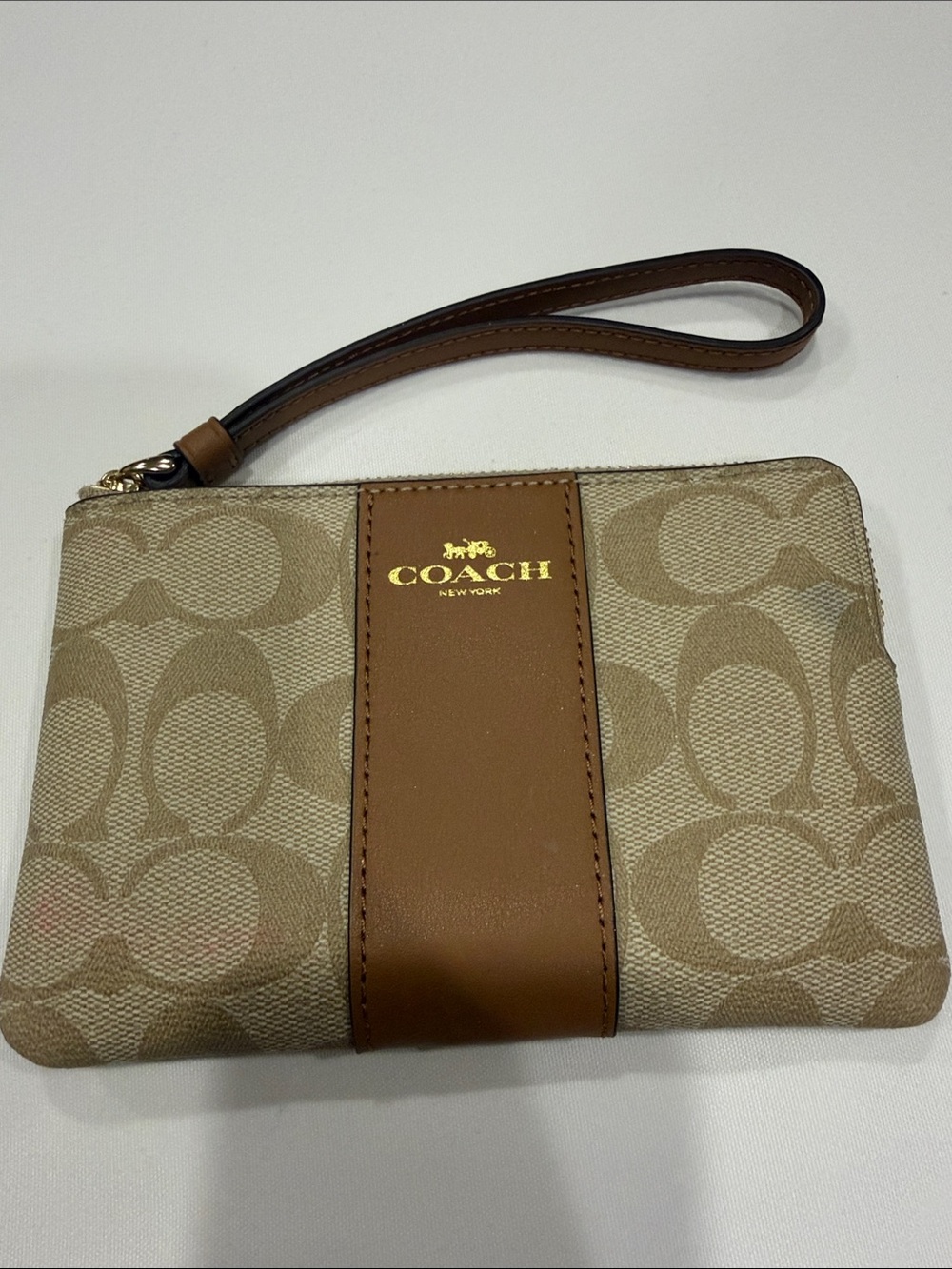 COACH Khaki and Tan Signature Canvas Wristlet